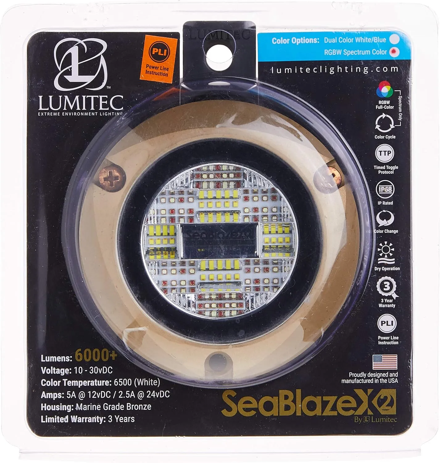 Lumitec SeaBlazeX2 Underwater LED Light - 6000 Lumens, Dual Color White/Blue & RGBW Spectrum - Solid l Bronze - PLI Enabled, Easy Surface Mount Design - 3-Year Warranty - Boat Lighting, Spectrum RGBW