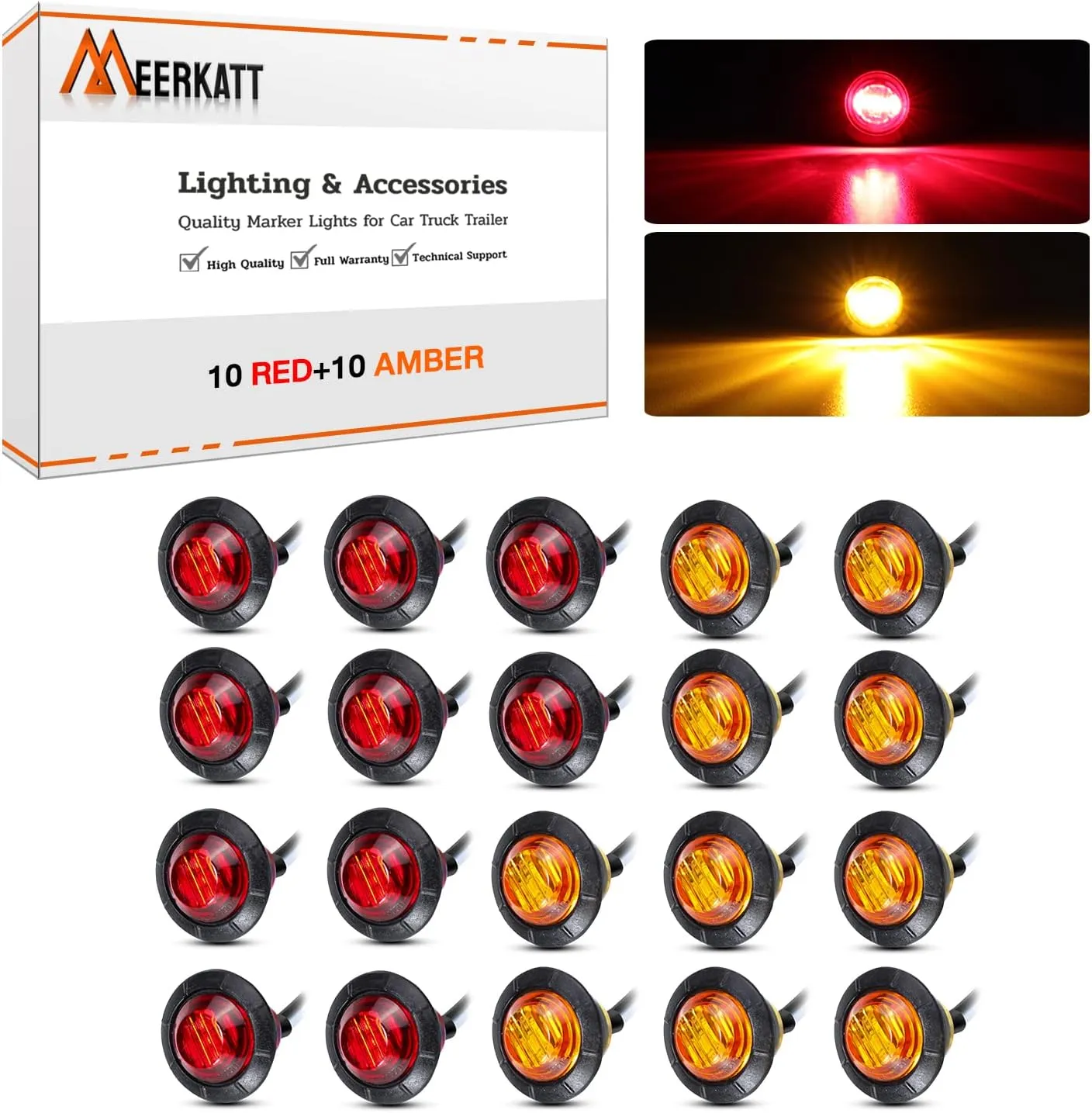 MADCATZ 3/4 Inch Mount 10 pcs Amber   10 pcs Red LED Clearance Bullet Side LED Marker Lights for Trailer Truck RV Car Bus Van (Pack of 20)