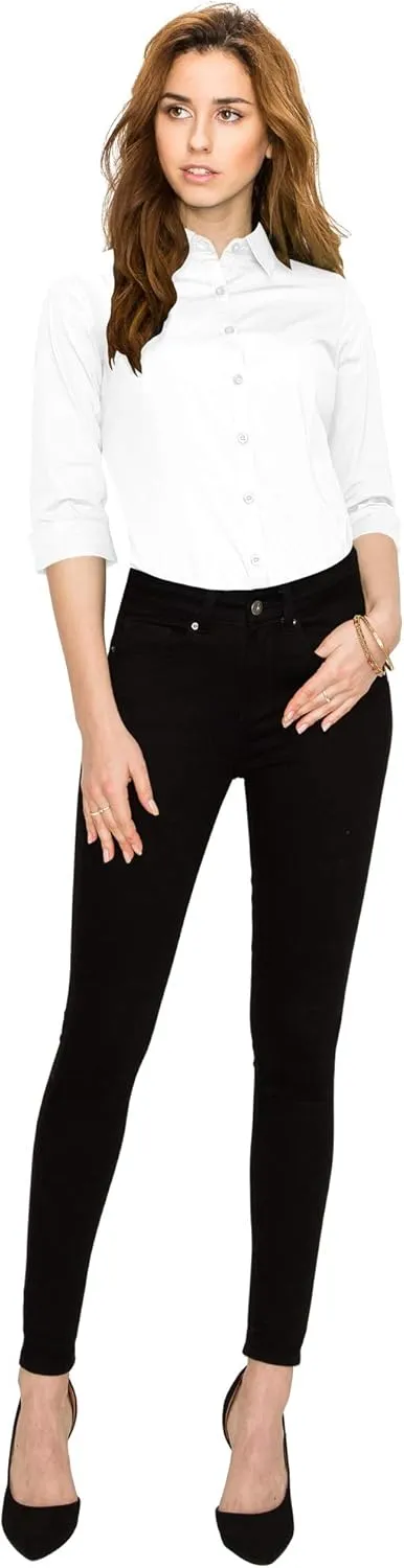 Made By Johnny MBJ Women's Solide 3/4 Sleeve Stretchy Button Down Collared Office Formal Casua Blouse (S~3XL)