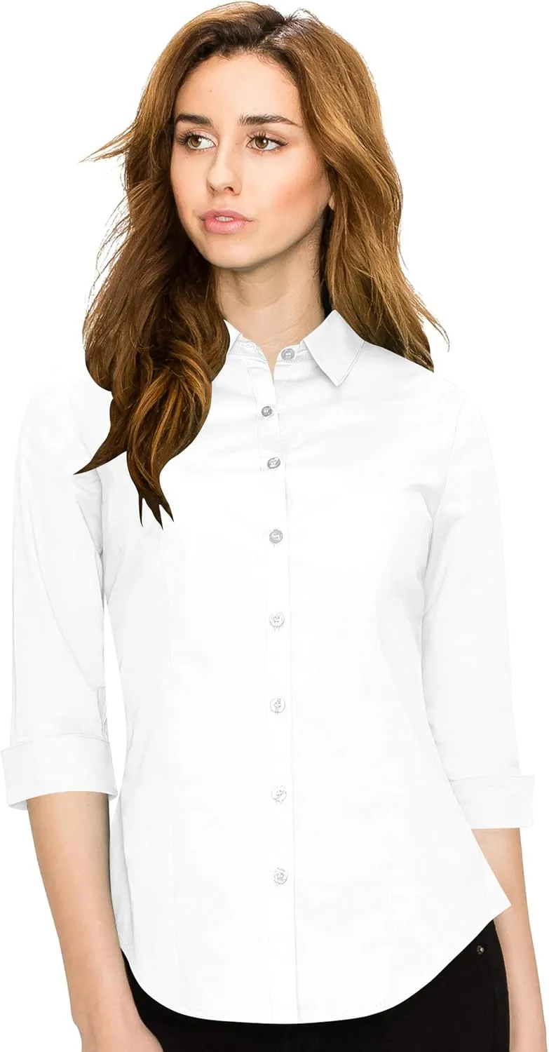 Made By Johnny MBJ Women's Solide 3/4 Sleeve Stretchy Button Down Collared Office Formal Casua Blouse (S~3XL)