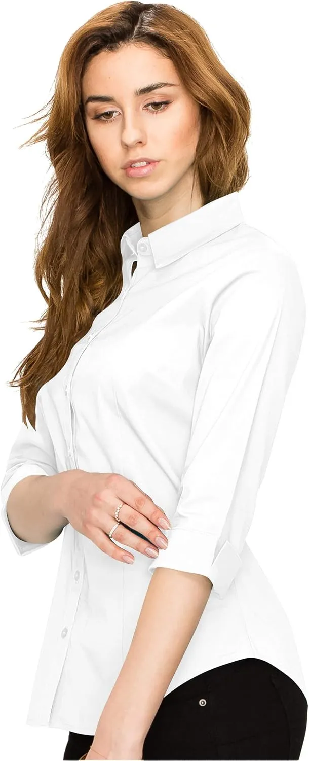 Made By Johnny MBJ Women's Solide 3/4 Sleeve Stretchy Button Down Collared Office Formal Casua Blouse (S~3XL)