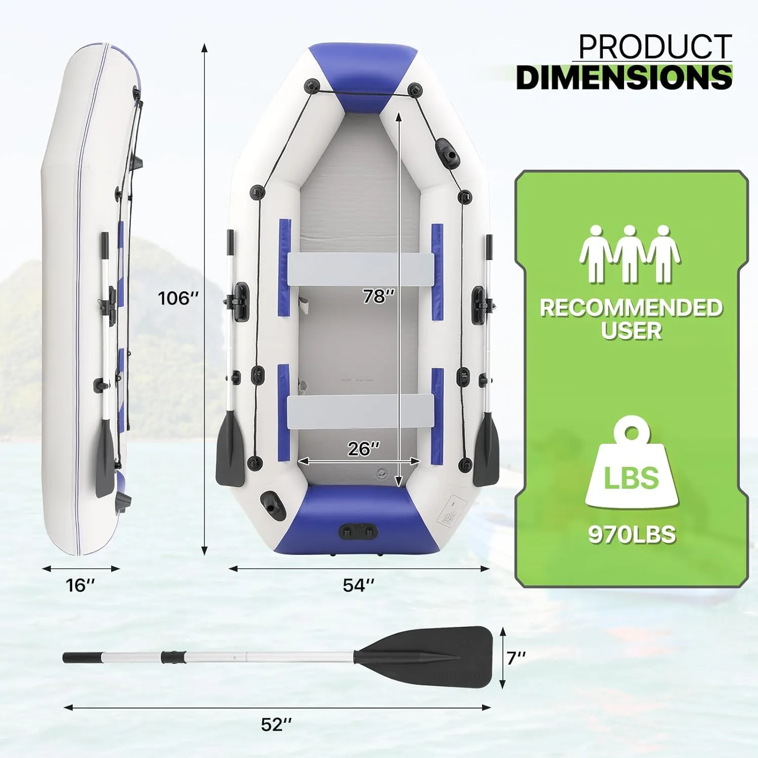 Magshion Inflatable Boat Set with Aluminum Oars, Mini Foot-Pump, Carry Bag and Repair Kit, Multi-Air Chambers Inflatable Rafts for Ponds, Lakes, Rivers