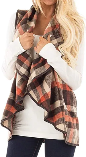Mannice Womens Buffalo Plaid Sleeveless Cardigans Lapel Open Front Plaid Vest Jacket Coat with Pockets