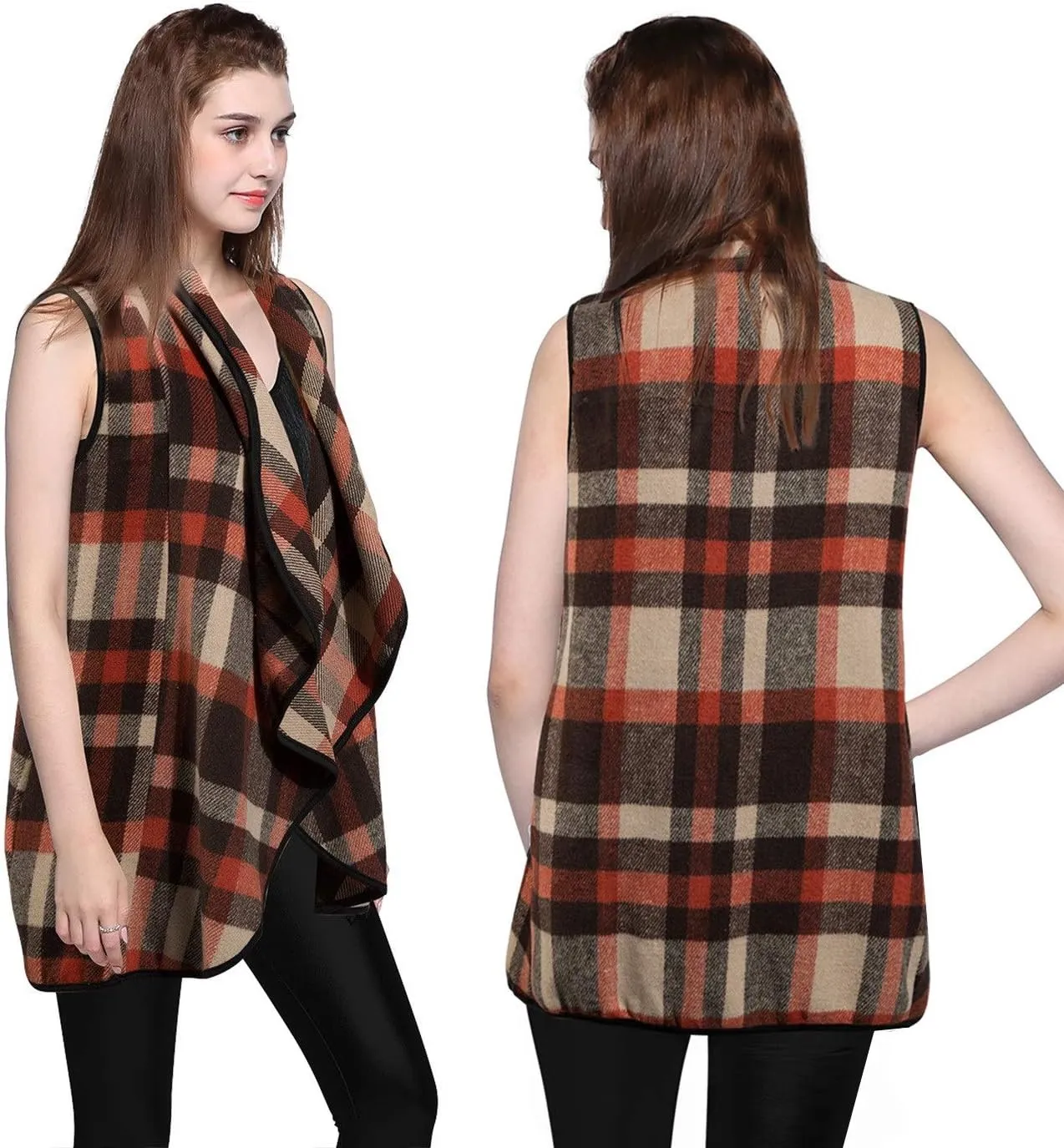 Mannice Womens Buffalo Plaid Sleeveless Cardigans Lapel Open Front Plaid Vest Jacket Coat with Pockets