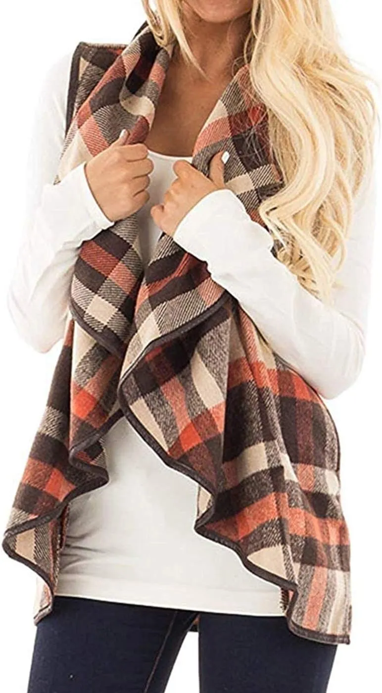 Mannice Womens Buffalo Plaid Sleeveless Cardigans Lapel Open Front Plaid Vest Jacket Coat with Pockets
