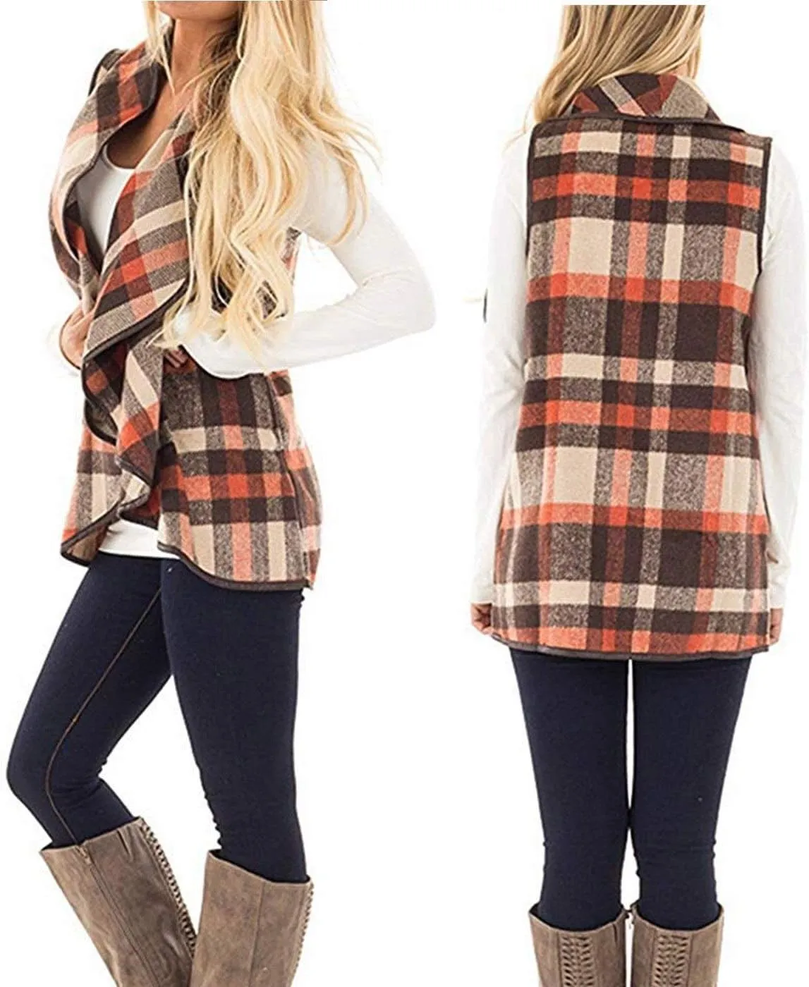 Mannice Womens Buffalo Plaid Sleeveless Cardigans Lapel Open Front Plaid Vest Jacket Coat with Pockets