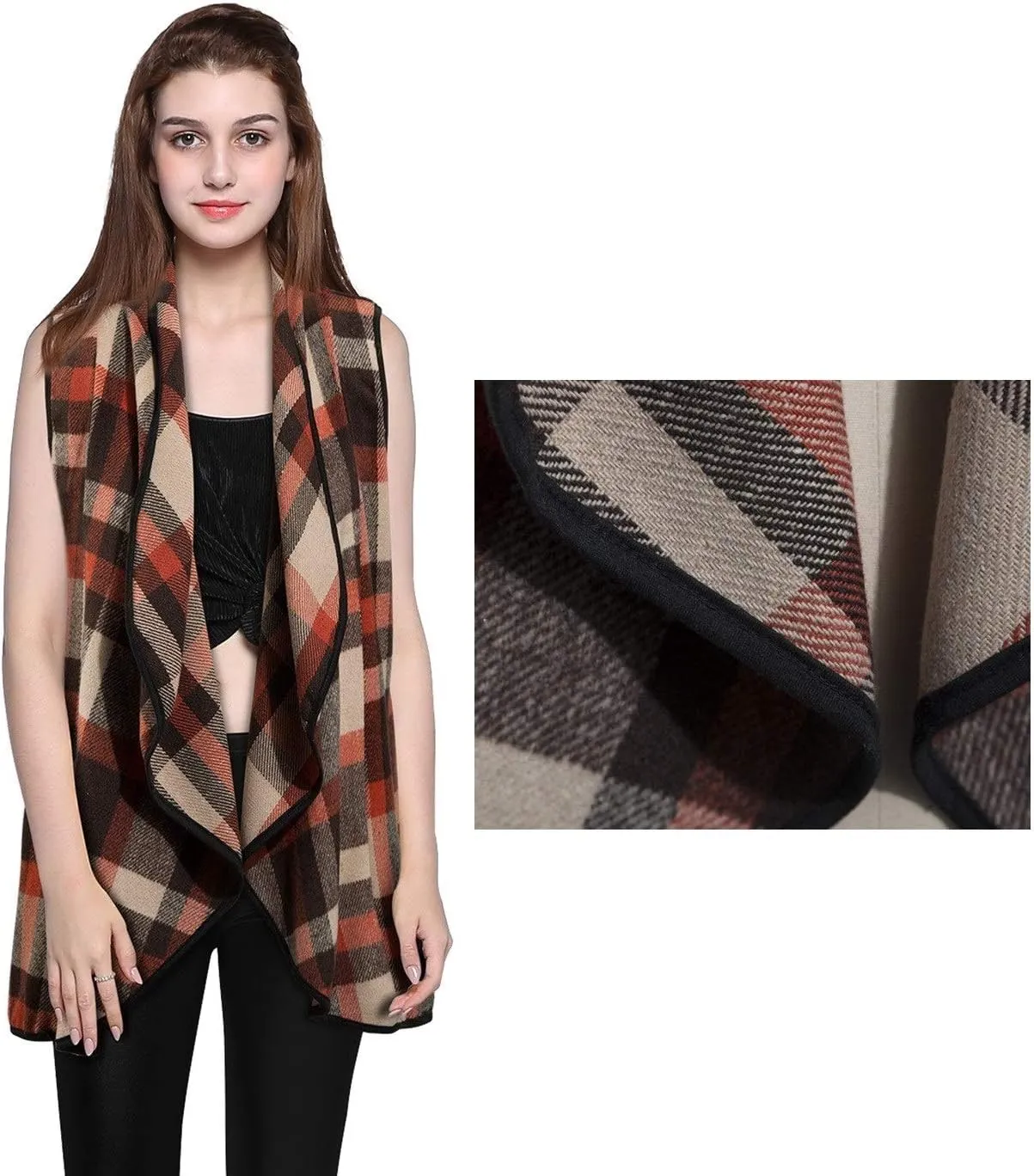 Mannice Womens Buffalo Plaid Sleeveless Cardigans Lapel Open Front Plaid Vest Jacket Coat with Pockets