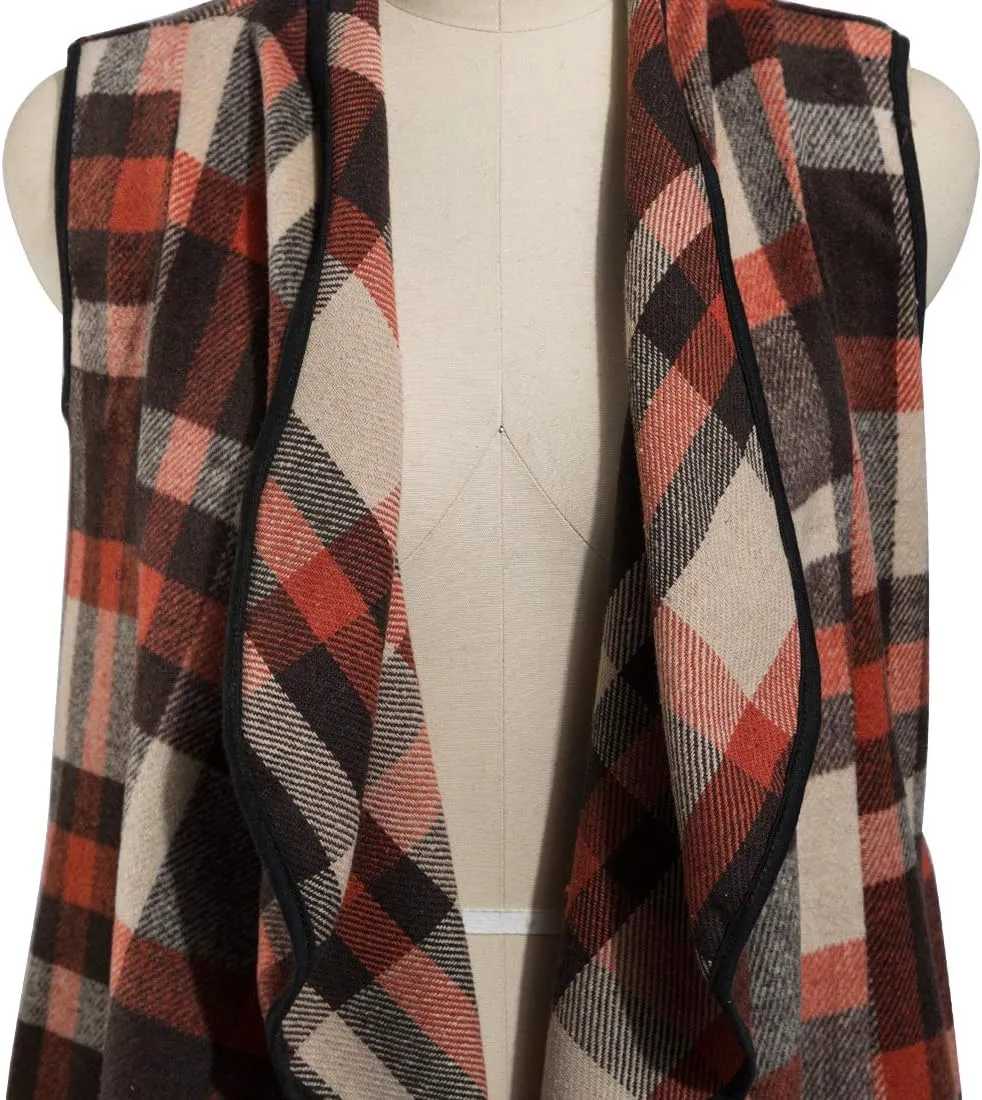 Mannice Womens Buffalo Plaid Sleeveless Cardigans Lapel Open Front Plaid Vest Jacket Coat with Pockets