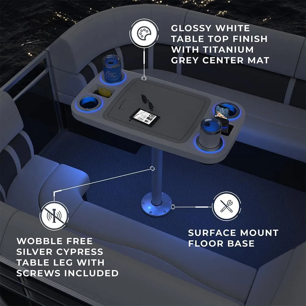 Manufacturers' Select Battery Op Lit Marine Boat Table Leg Set. Large Top with Blue LED Drink Holder. Pontoon Accessories, Pedestal Table (White Glossy Table/Silver Leg w/Titanium Grey Mat)