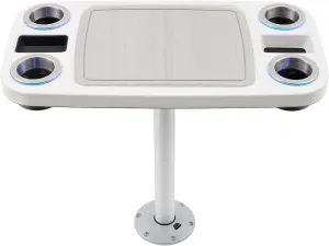 Manufacturers' Select Battery Op Lit Marine Boat Table Leg Set. Large Top with Blue LED Drink Holder. Pontoon Accessories, Pedestal Table (White Glossy Table/Silver Leg w/Titanium Grey Mat)