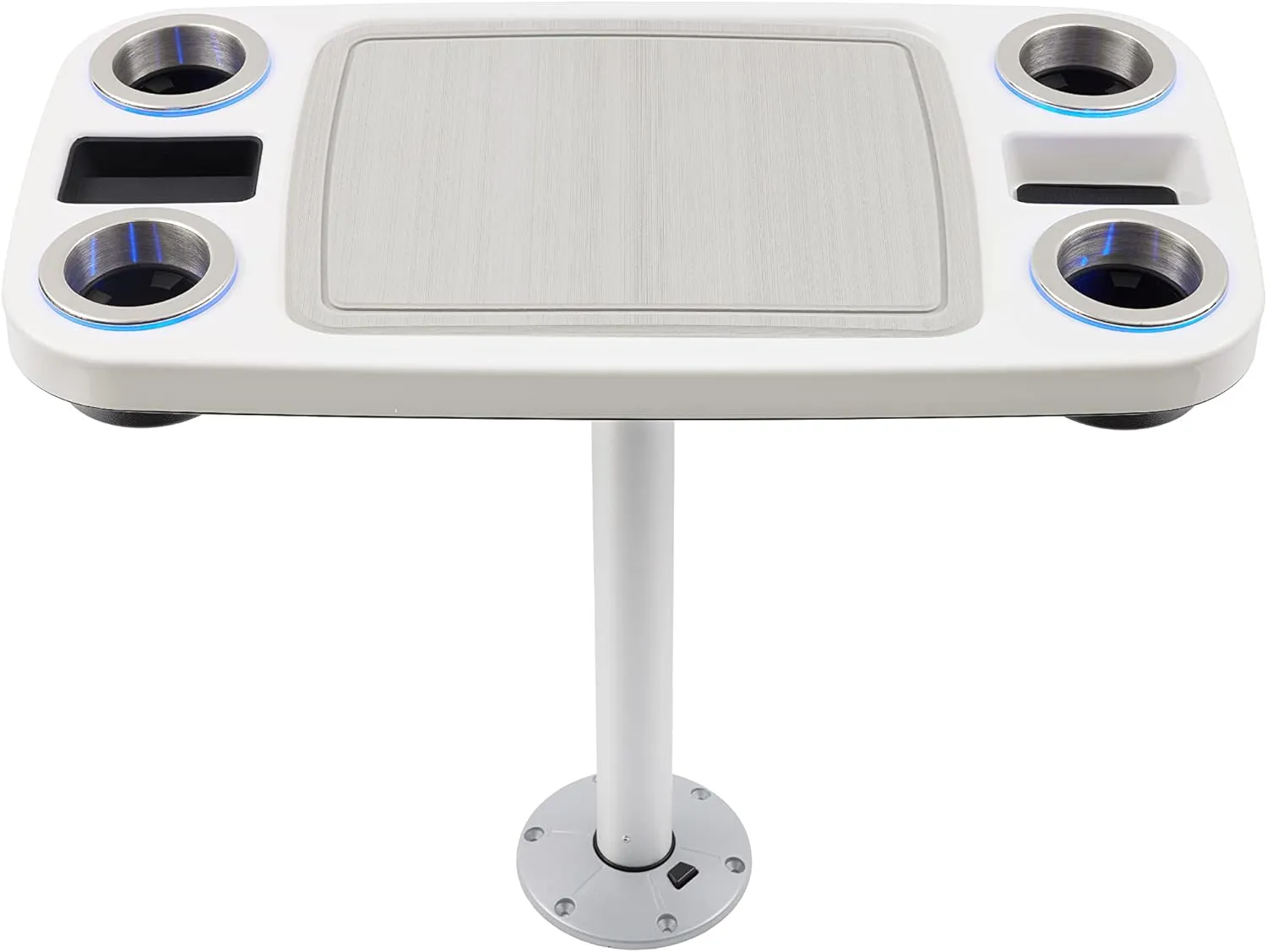 Manufacturers' Select Battery Op Lit Marine Boat Table Leg Set. Large Top with Blue LED Drink Holder. Pontoon Accessories, Pedestal Table (White Glossy Table/Silver Leg w/Titanium Grey Mat)
