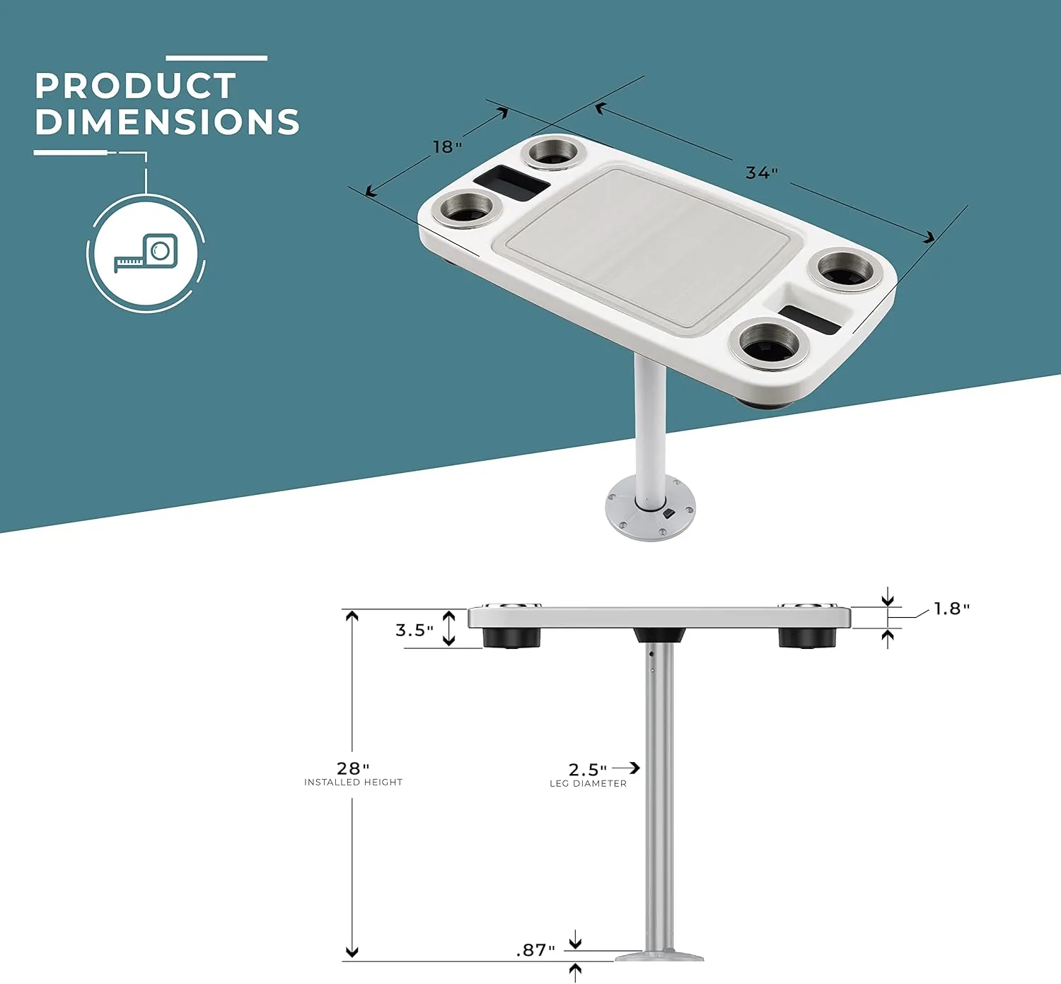 Manufacturers' Select Battery Op Lit Marine Boat Table Leg Set. Large Top with Blue LED Drink Holder. Pontoon Accessories, Pedestal Table (White Glossy Table/Silver Leg w/Titanium Grey Mat)