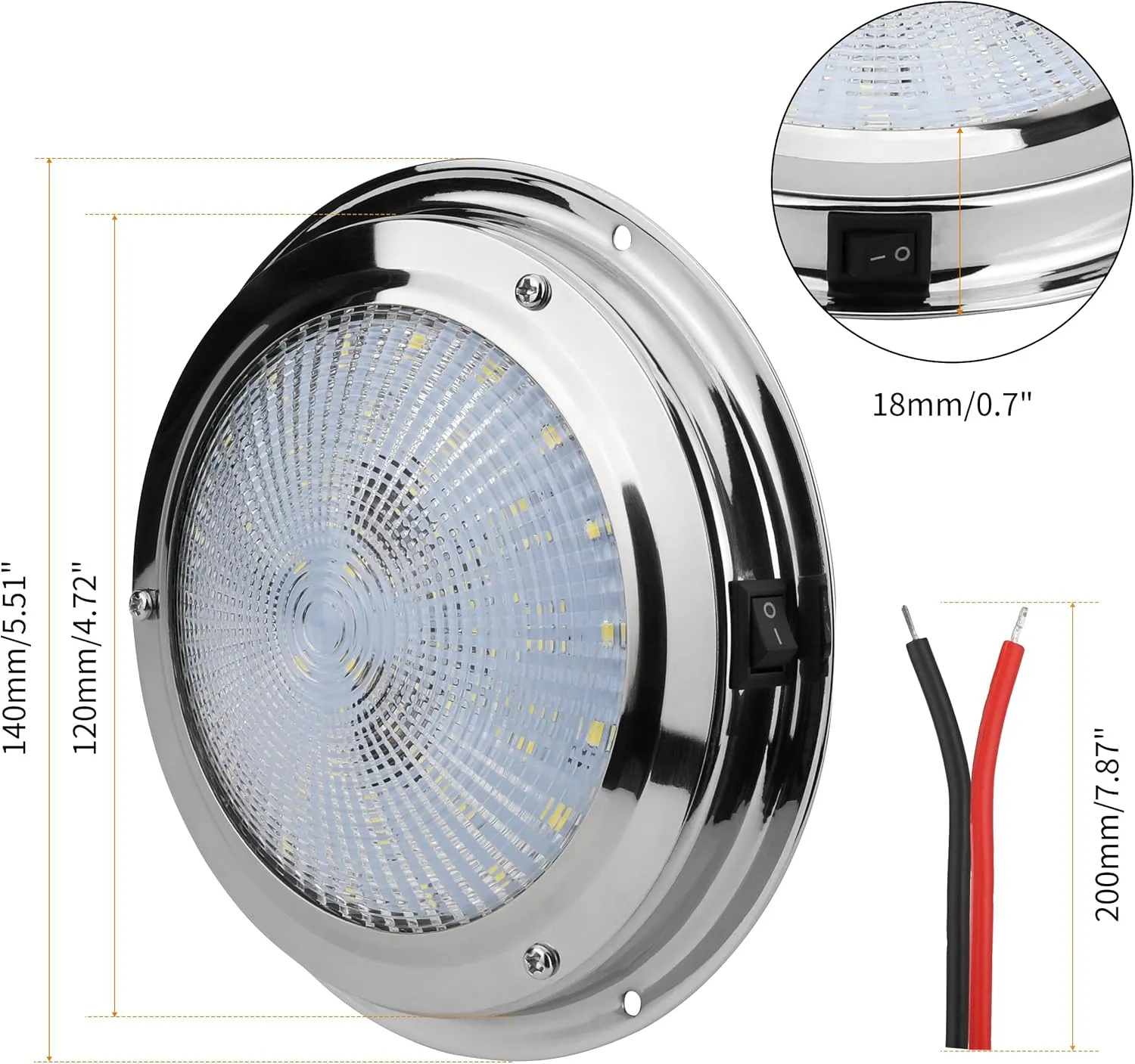 Marine Boat Dome Light 12V LED Boat Interior Lights with Toggle Switch 5.5" LED Boat Cabin Light with Stainless Steel Surface Mount