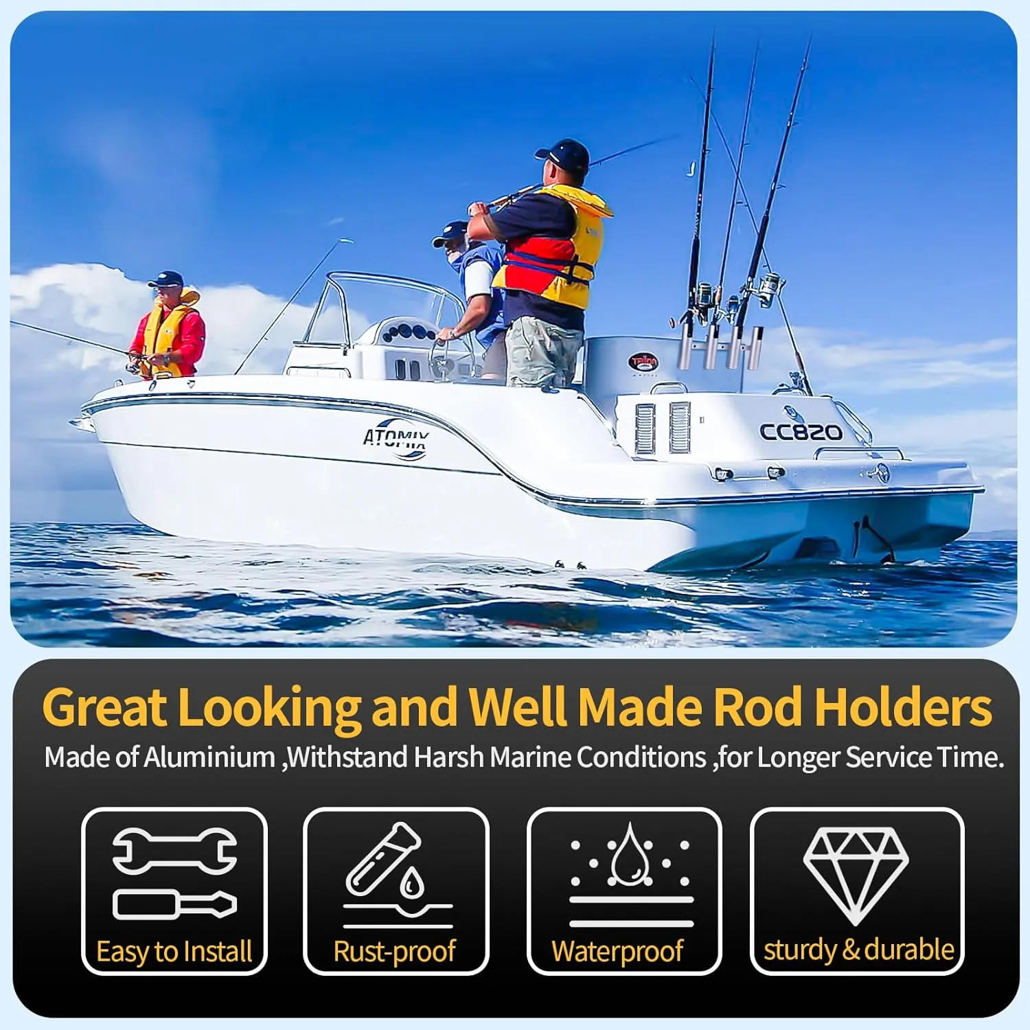 Marinebaby Aluminum Fishing Boat Rod Holder,3/4 Link Tube Aluminum Rod Rack, Suit Boats & Yacht ,Silver