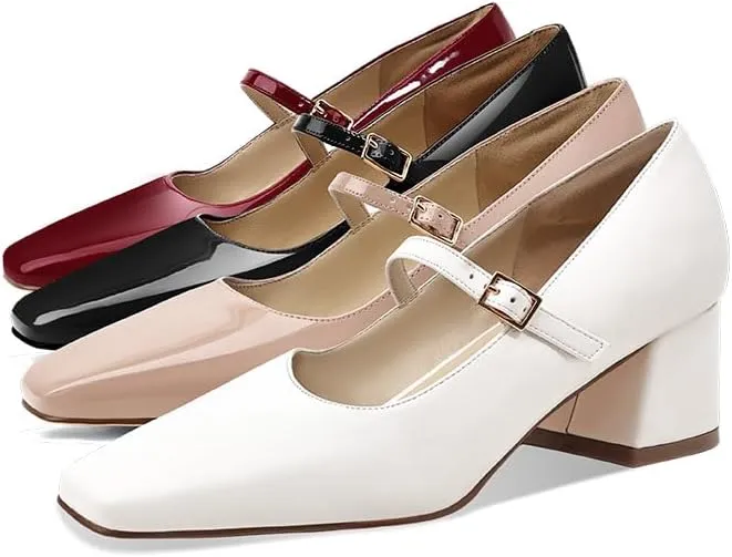 Mary Jane Heels Womens Pumps Chunky Heel Ankle Strap Dress Shoes for Women Low Heels Close Rounded Toe Comfortable Pumps for Wedding Party