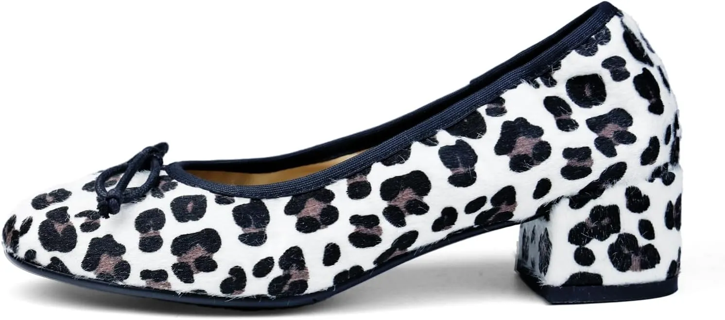 Mary Jane Shoes Women Leather Round Toe Chunky Mid Heel Pumps Ballet Shoes with Bow Tie Closed Toe Comfort Work Casual Ballerina Shoes