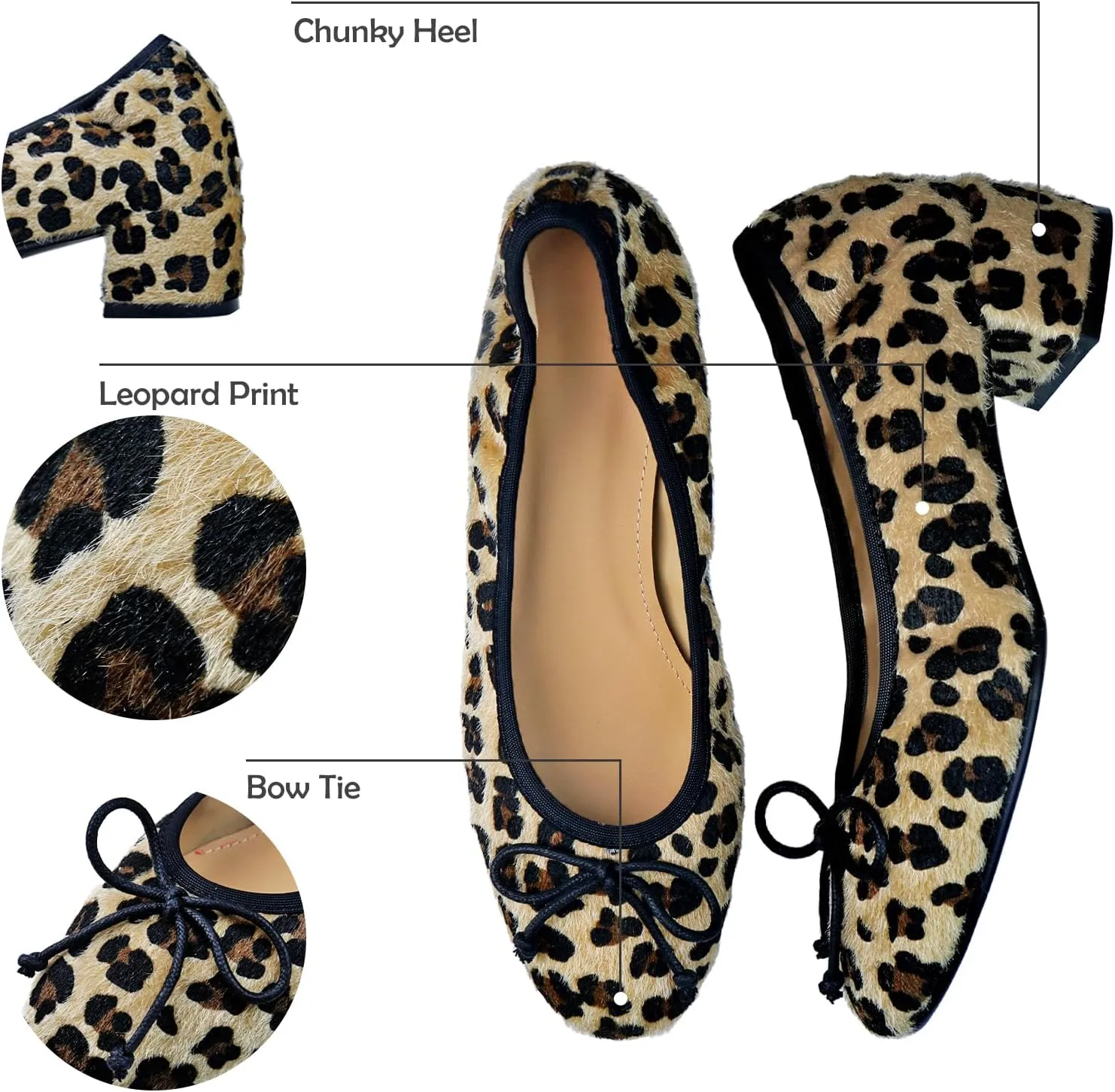 Mary Jane Shoes Women Leather Round Toe Chunky Mid Heel Pumps Ballet Shoes with Bow Tie Closed Toe Comfort Work Casual Ballerina Shoes