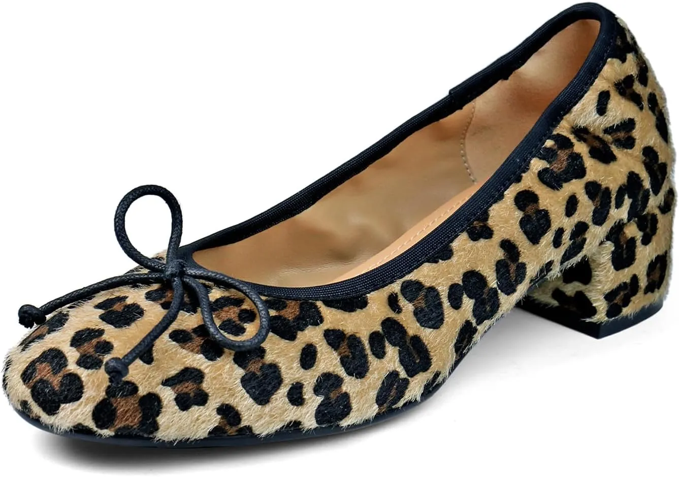 Mary Jane Shoes Women Leather Round Toe Chunky Mid Heel Pumps Ballet Shoes with Bow Tie Closed Toe Comfort Work Casual Ballerina Shoes