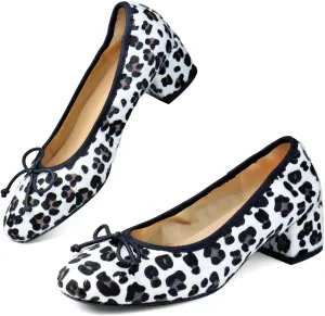 Mary Jane Shoes Women Leather Round Toe Chunky Mid Heel Pumps Ballet Shoes with Bow Tie Closed Toe Comfort Work Casual Ballerina Shoes