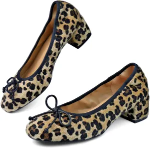 Mary Jane Shoes Women Leather Round Toe Chunky Mid Heel Pumps Ballet Shoes with Bow Tie Closed Toe Comfort Work Casual Ballerina Shoes