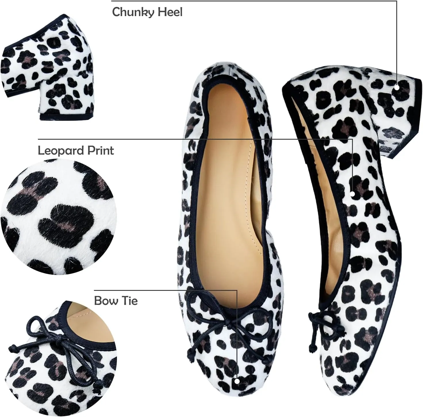 Mary Jane Shoes Women Leather Round Toe Chunky Mid Heel Pumps Ballet Shoes with Bow Tie Closed Toe Comfort Work Casual Ballerina Shoes
