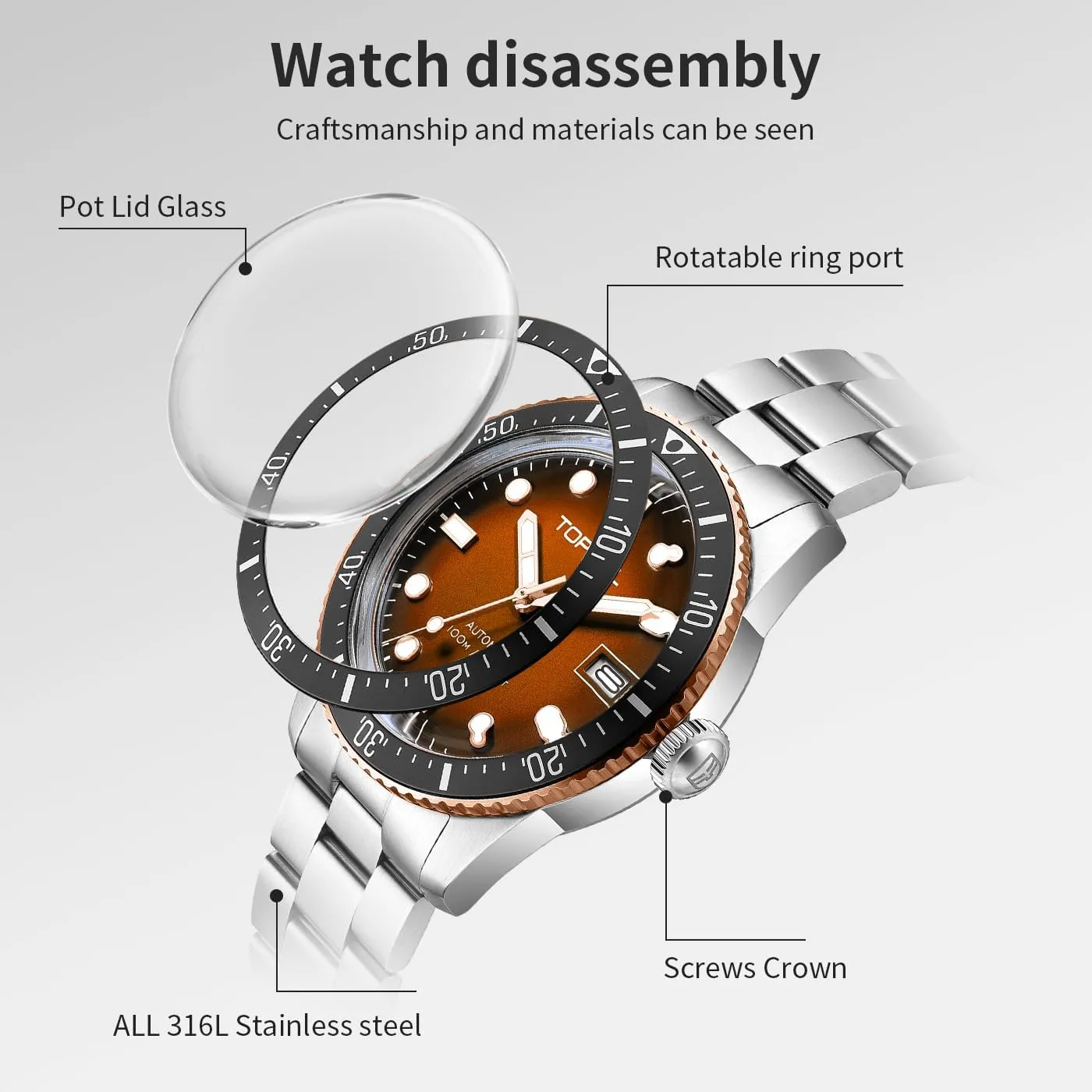 Mens Automatic Watch(No Battery Required),316L Stainless Steel,Domed Glass, 10ATM Waterproof Dive Watch, Luminous, Rotating Bezel, Wrist Watch for Work Casual Dress,40mm