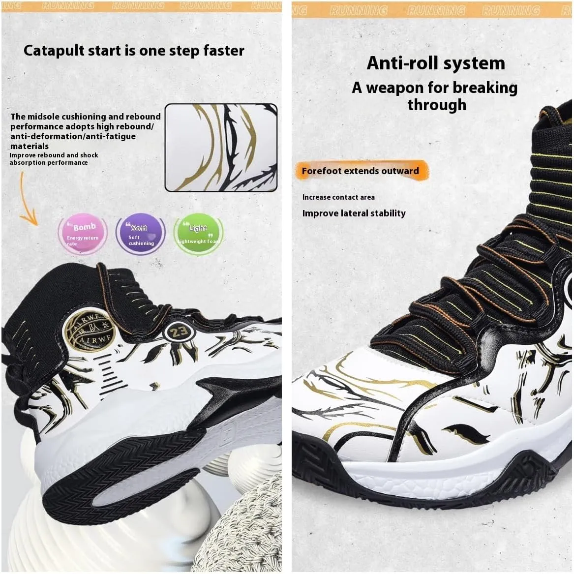 Men's High-Top Basketball Sneakers - Breathable, Non-Slip Rubber Sole with Shock Absorption, Durable & Stylish for Running and Casual Wear