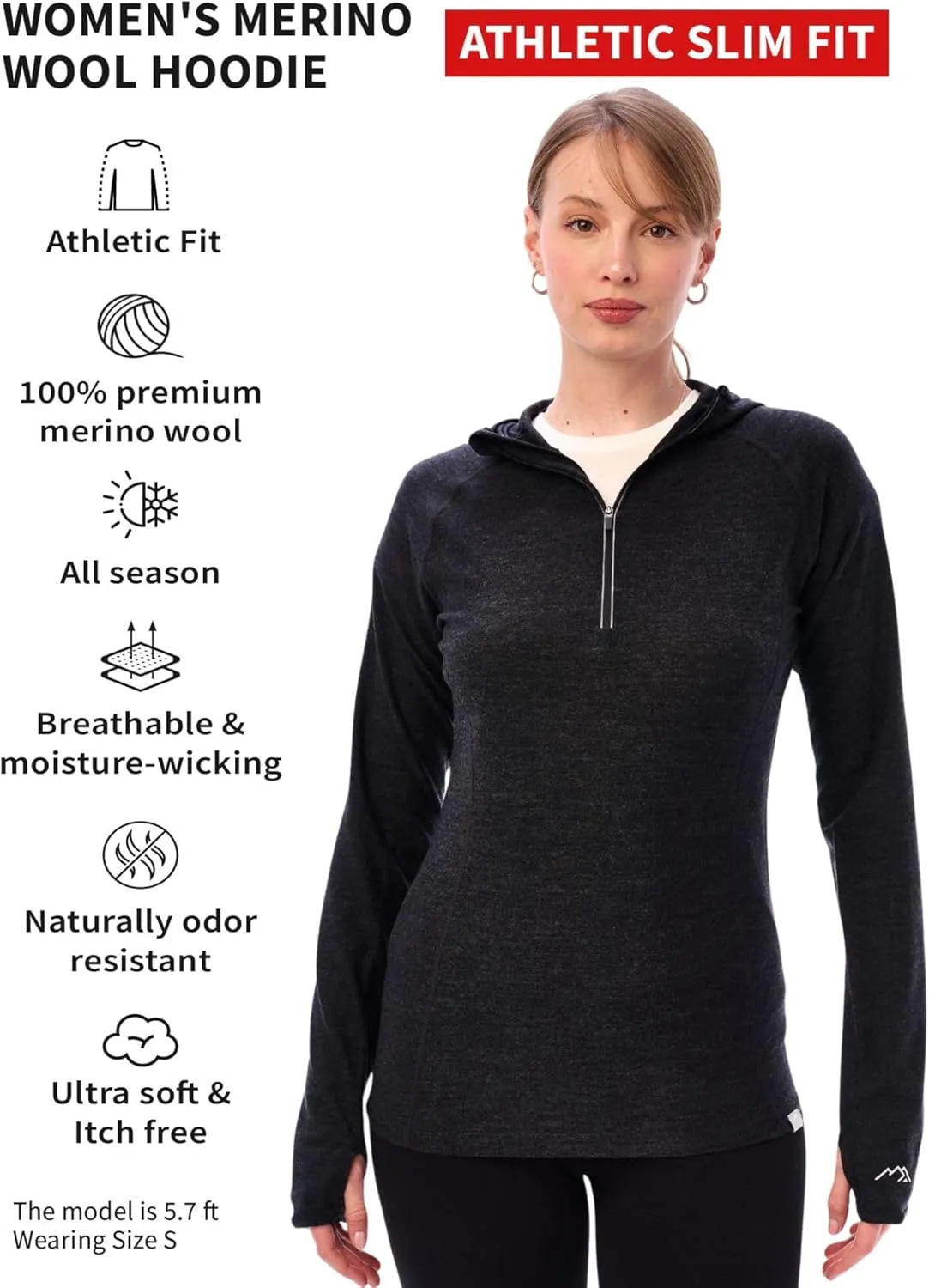 Merino.tech Merino Wool Hoodie Women - Slim Fit 100% Merino Wool Base Layer Women Half Zip Thermal Long Sleeve Shirt & Socks