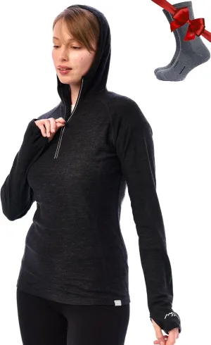 Merino.tech Merino Wool Hoodie Women - Slim Fit 100% Merino Wool Base Layer Women Half Zip Thermal Long Sleeve Shirt & Socks