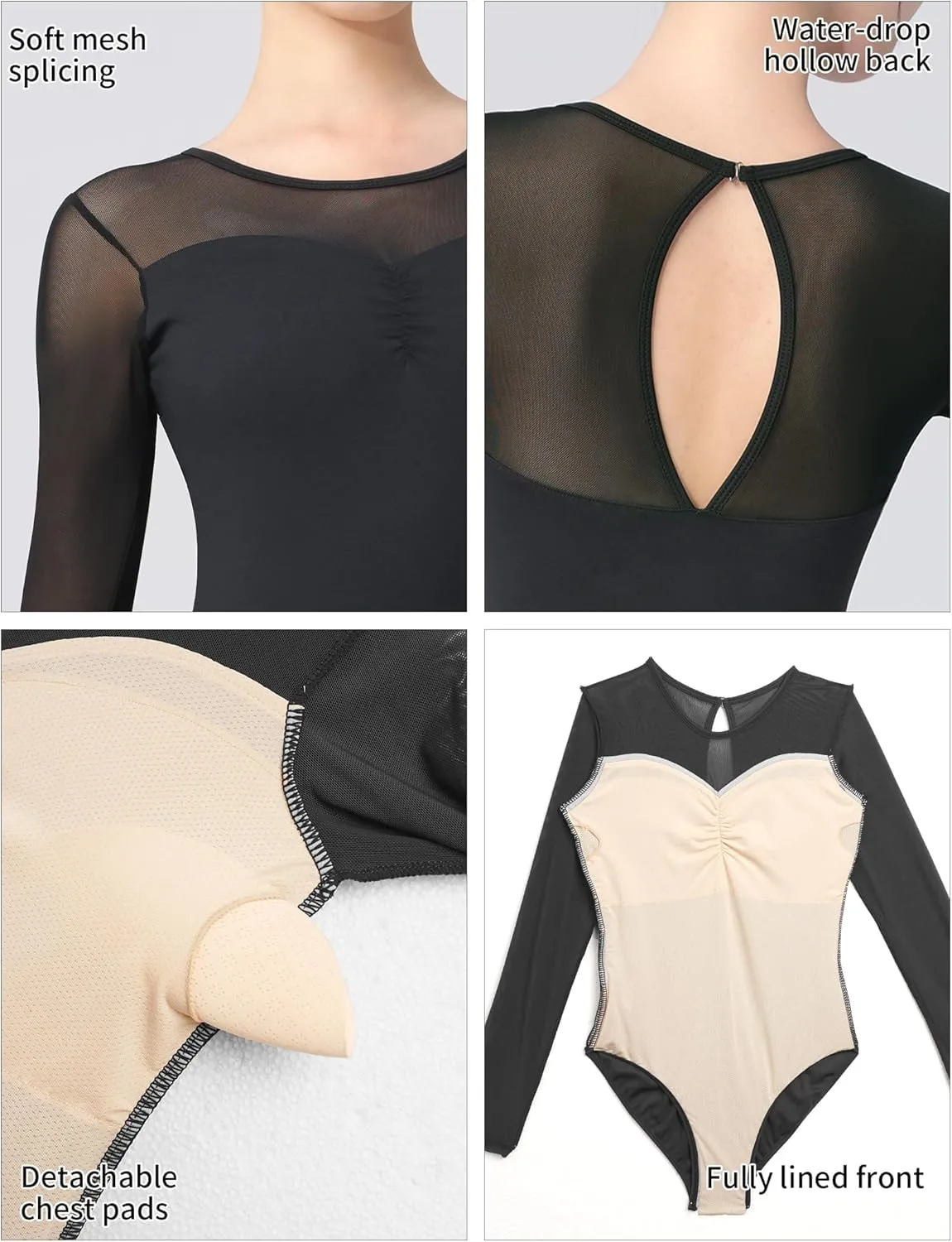 Mesh Long Sleeve Dance Leotard for Women,Teens, Ballet Bodysuits