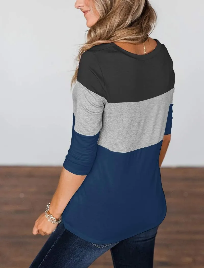Minthunter Women's Half Sleeve T Shirts Casual Color Block Round Neck Spring Tops