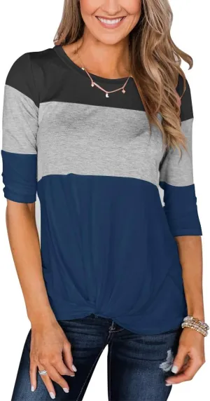 Minthunter Women's Half Sleeve T Shirts Casual Color Block Round Neck Spring Tops