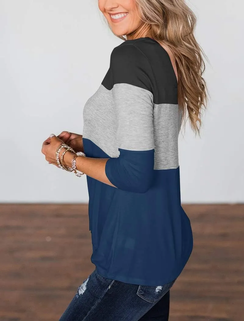 Minthunter Women's Half Sleeve T Shirts Casual Color Block Round Neck Spring Tops