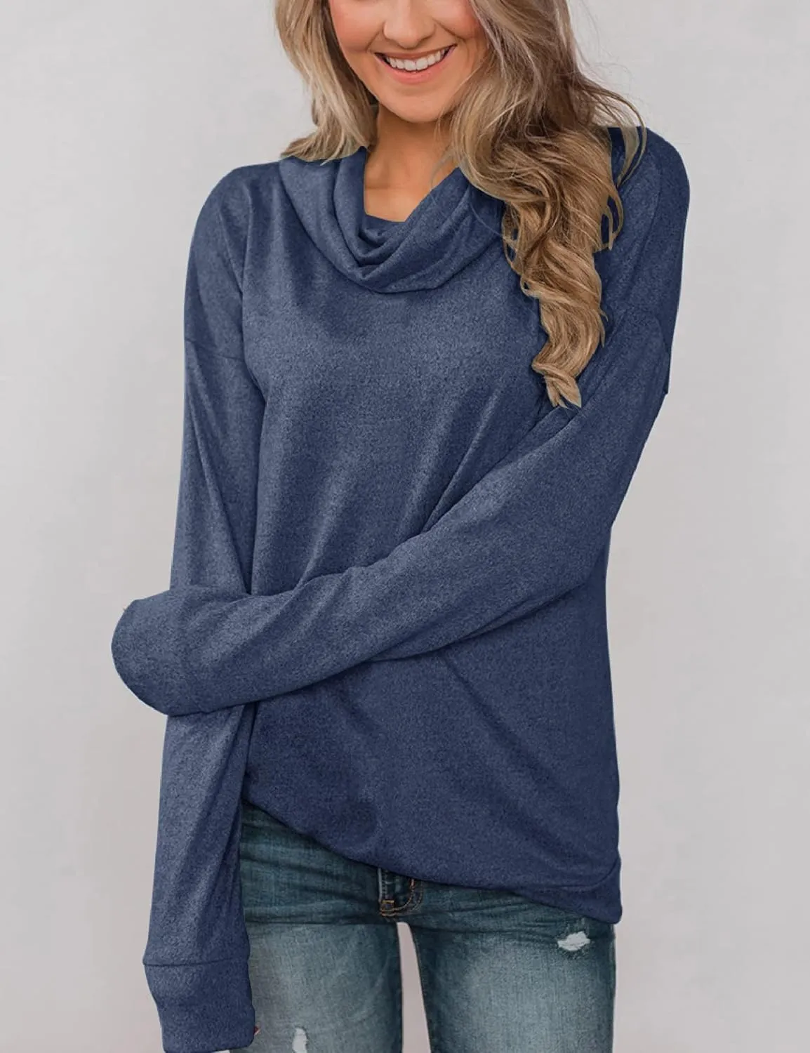 Minthunter Women's Long Sleeve Pullovers Cowl Neck Tunic Shirt Casual Sweatshirt Tops