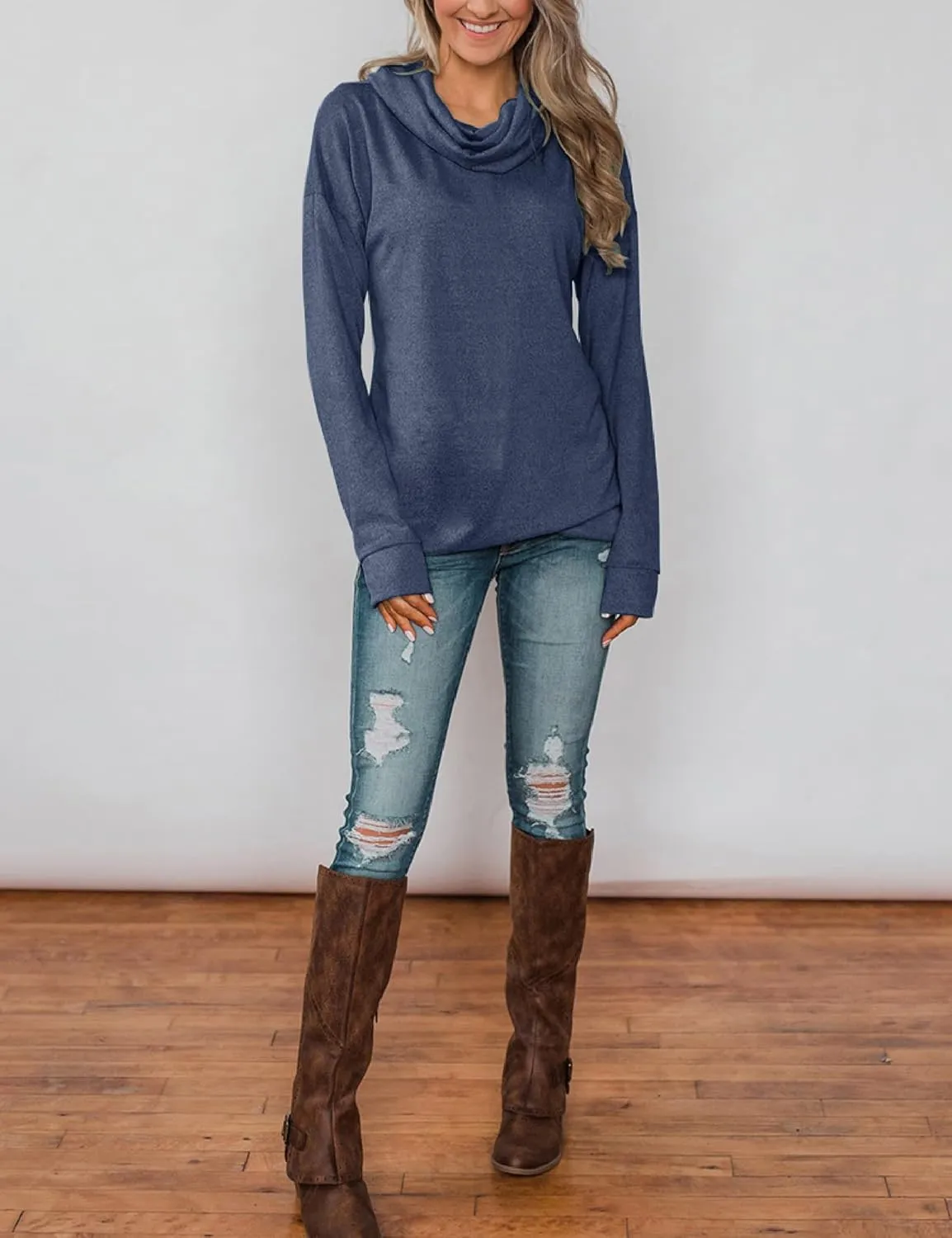 Minthunter Women's Long Sleeve Pullovers Cowl Neck Tunic Shirt Casual Sweatshirt Tops