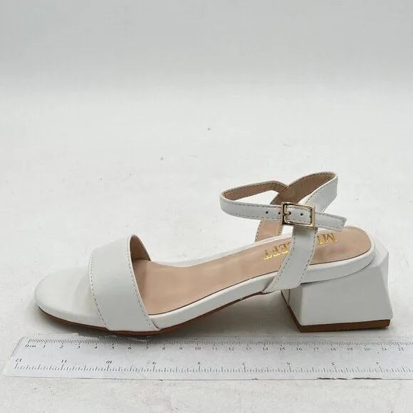 Miss Left White Open Toe Sandals Block Low Heels Ankle Strap Summer Dress Shoes