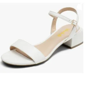 Miss Left White Open Toe Sandals Block Low Heels Ankle Strap Summer Dress Shoes