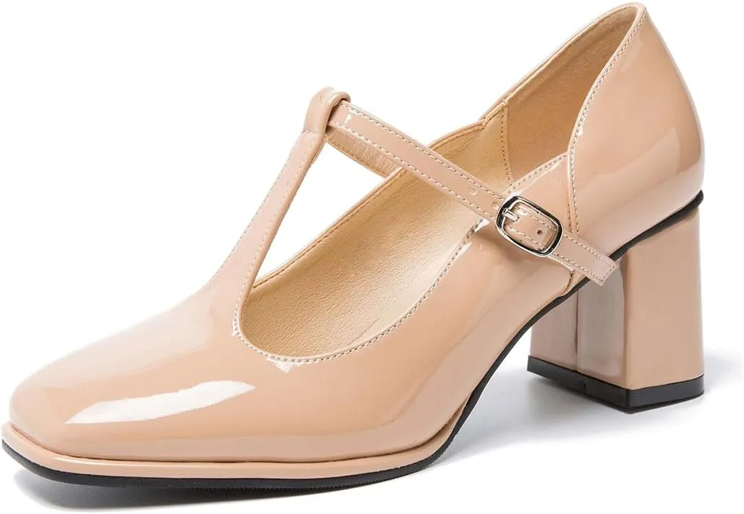 miss left Women Closed Square Toe Mary Jane Pump T-Strap Mid Block Chunky Heeled Comfy Party Work Dress Shoes Size 4-16 US