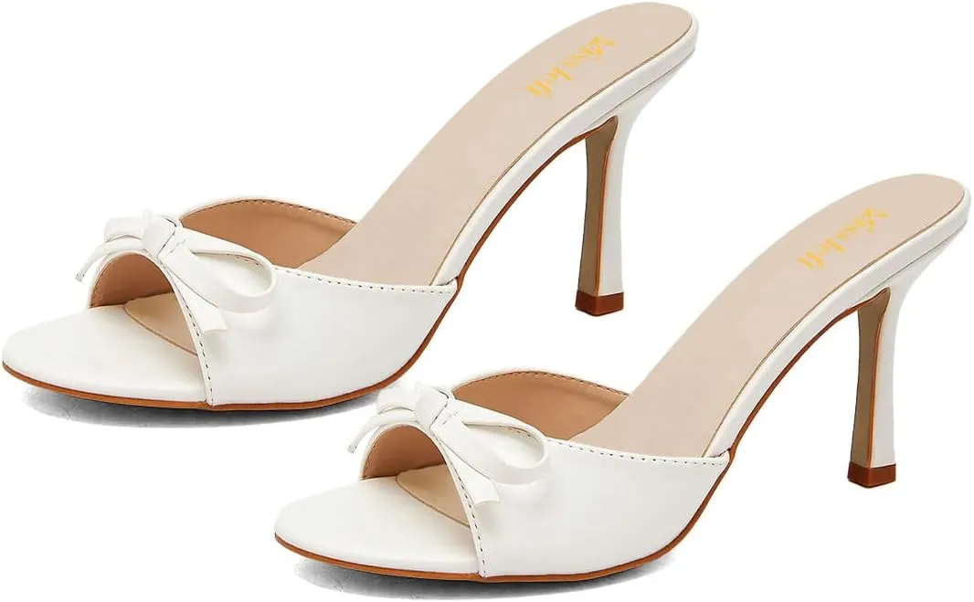 miss left Women Fashion Open Toe Mule Bows Stiletto High Heeled Backless Slip On Sandal Comfy Summer Party Dress Shoes Size 4-16 US