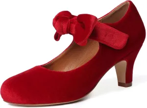 Mostrin Kitten Heels for Women Bow Mary Jane Pumps Closed Round Toe Low Heels Ankle Strap Dress Shoes for Wedding Evening Church