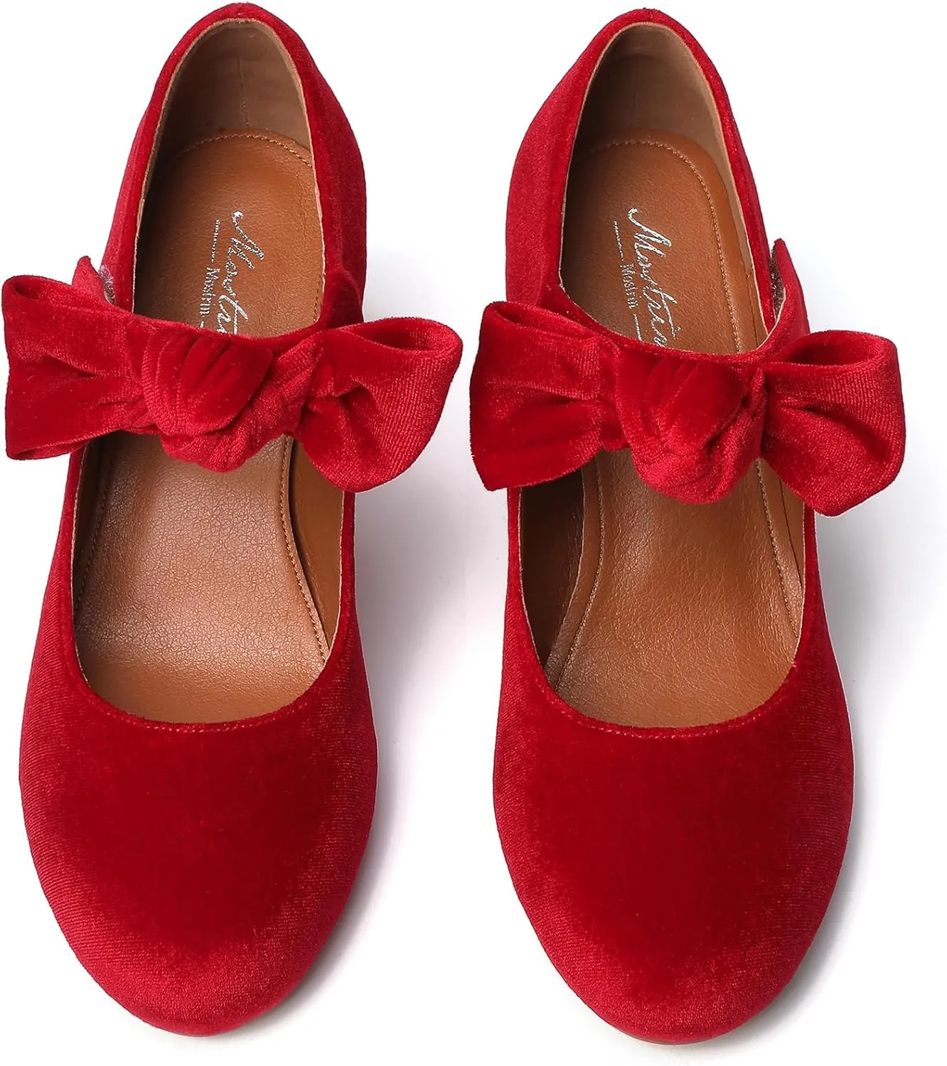 Mostrin Kitten Heels for Women Bow Mary Jane Pumps Closed Round Toe Low Heels Ankle Strap Dress Shoes for Wedding Evening Church