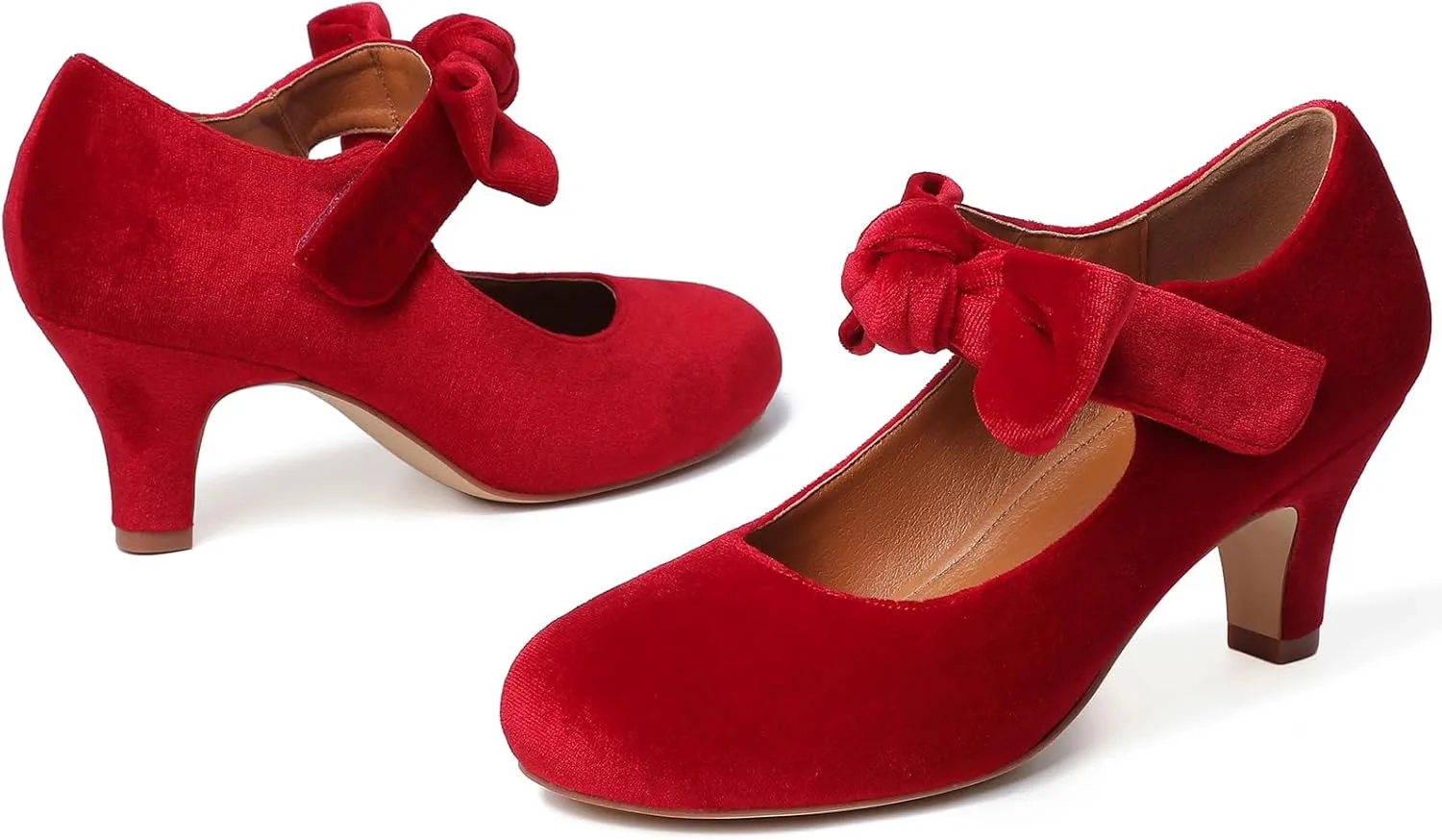 Mostrin Kitten Heels for Women Bow Mary Jane Pumps Closed Round Toe Low Heels Ankle Strap Dress Shoes for Wedding Evening Church