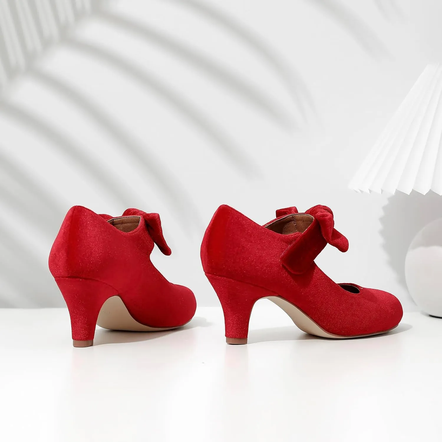 Mostrin Kitten Heels for Women Bow Mary Jane Pumps Closed Round Toe Low Heels Ankle Strap Dress Shoes for Wedding Evening Church
