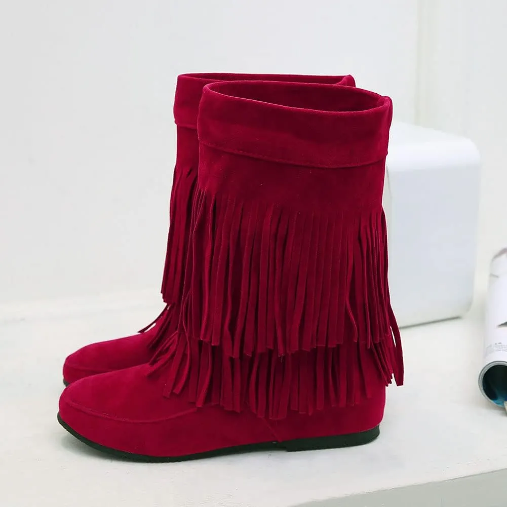 MRKEWUNEY Casual Womens Tassel Booties Low Heel Moccasin Boots