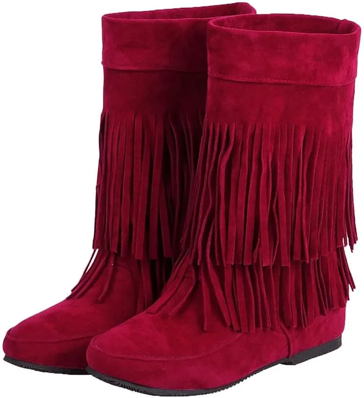 MRKEWUNEY Casual Womens Tassel Booties Low Heel Moccasin Boots
