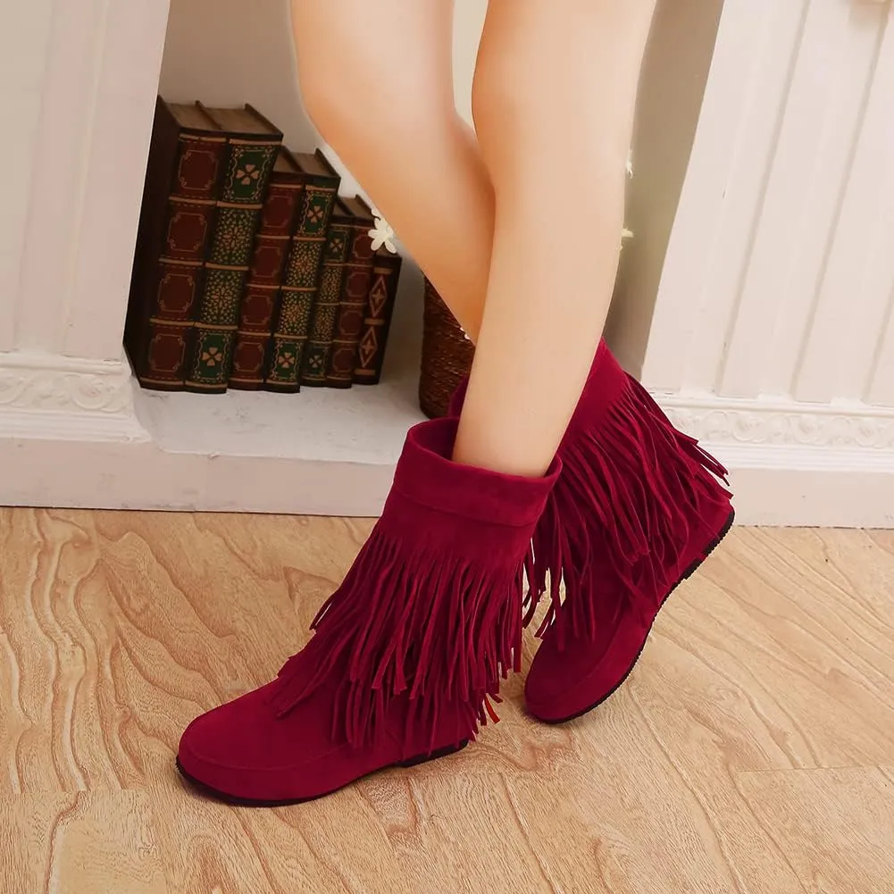 MRKEWUNEY Casual Womens Tassel Booties Low Heel Moccasin Boots