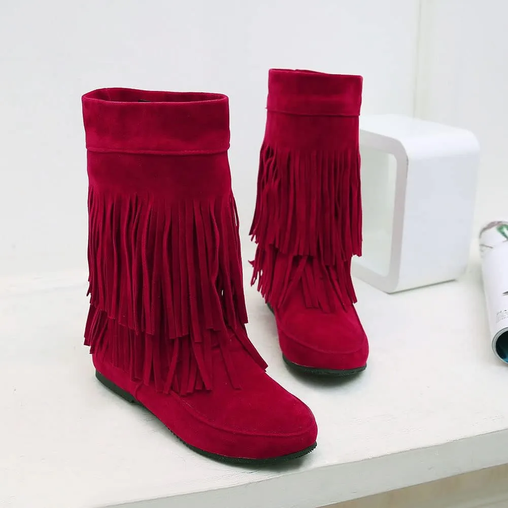 MRKEWUNEY Casual Womens Tassel Booties Low Heel Moccasin Boots