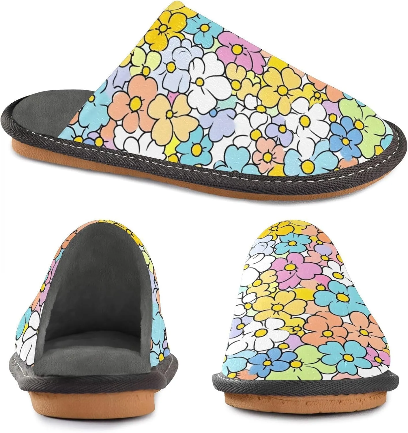 Nander Small Pastel Flowers Women's House Slippers,Men's Non-slip Fuzzy Slippers Soft Comfy Memory Foam Indoor Outdoor House Shoes-25