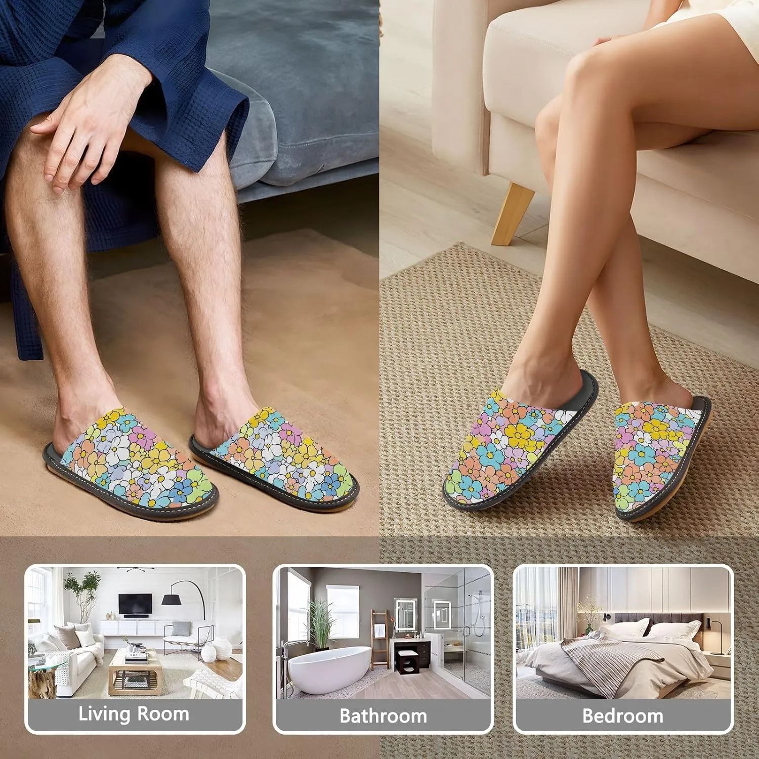 Nander Small Pastel Flowers Women's House Slippers,Men's Non-slip Fuzzy Slippers Soft Comfy Memory Foam Indoor Outdoor House Shoes-25