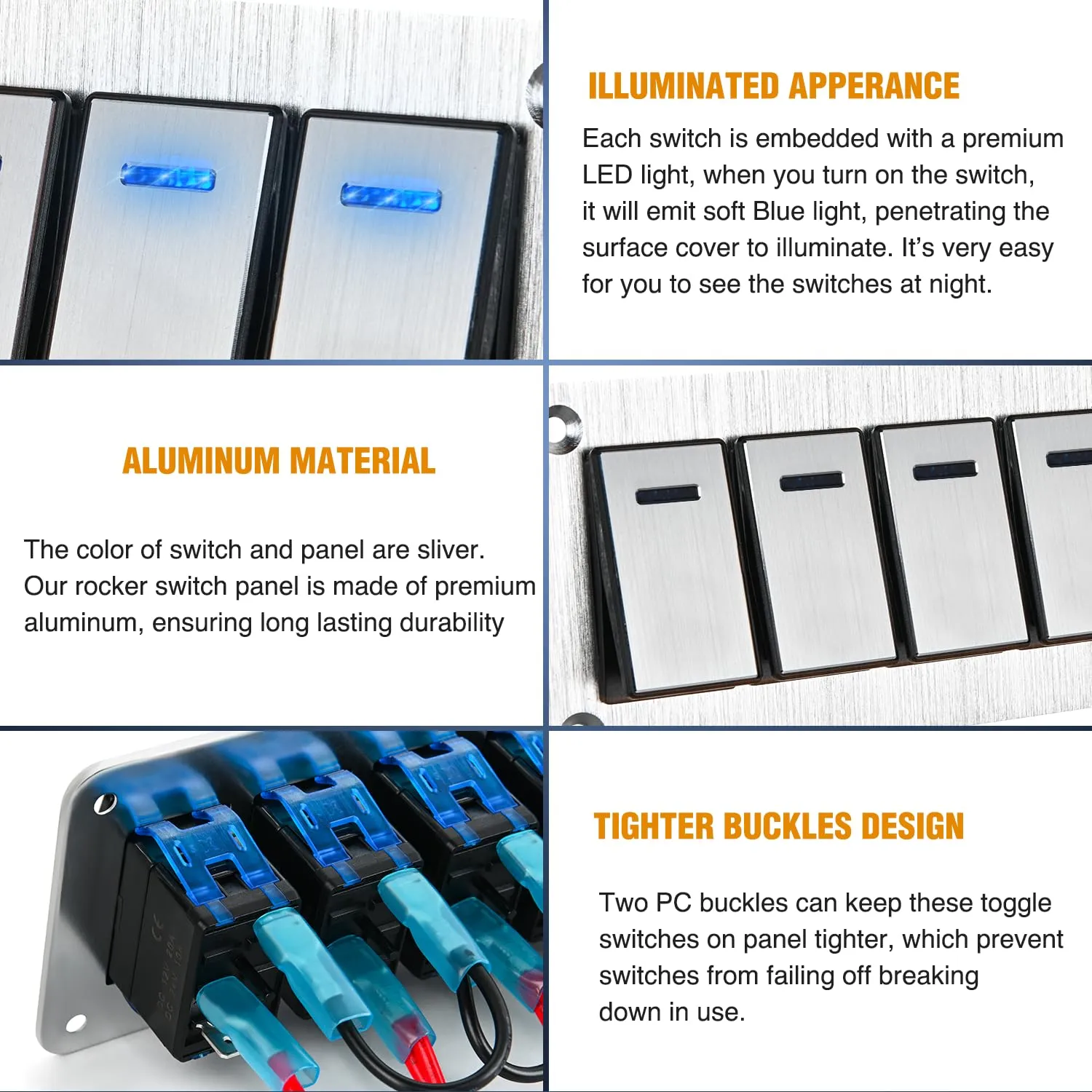 Nilight 6 Gang Rocker Switch Panel 3 Pin On Off Pre-Wired Blue LED Waterproof Aluminum with DIY Stickers for 12V 24V Automotive Cars Marine Boats UTV Truck Jeeps
